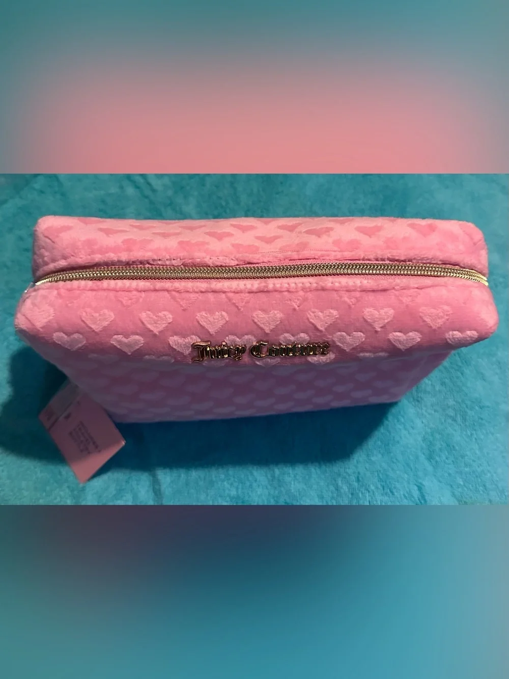 Juicy Couture Pink Heart-Textured Cosmetic Bag with Gold Logo